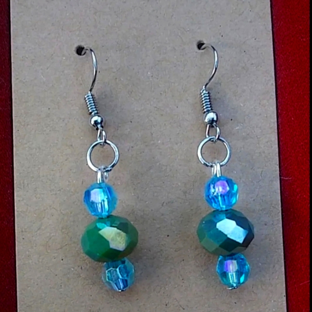 Hand Crafted Cerulean blue aqua iridescent crystal drop statement earrings